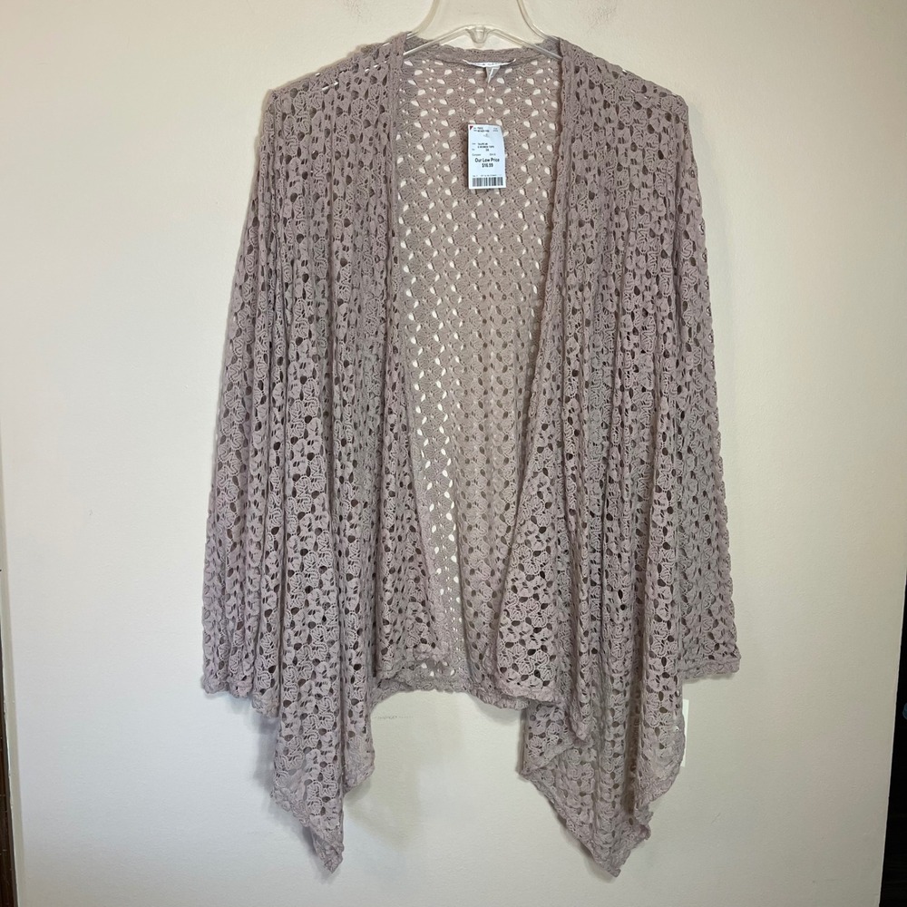 Maria Gabrielle Womens 3X Taupe Crochet Open Front Draped Cardigan